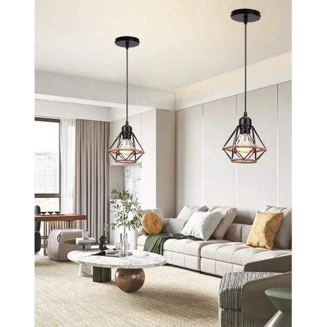 2pcs Lustre Suspension Luminaire Industrielle en Cage,Plafonnier Vintage en Corde de Chanvre pour Salon Chambre (1/4)