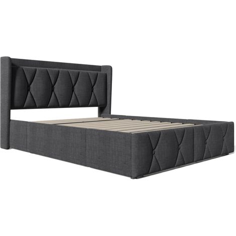 Cama con canapé 140x200 cm gris con 4 cajones, USB y enchufes, cabecero acolchado (1/5)