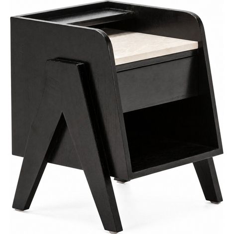 Table de chevet noire en bois et marbre - Noir et crème (1/5)