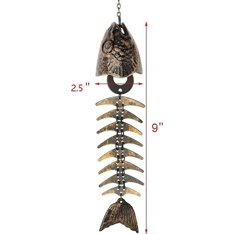 Lot de 2 carillons à vent en forme de poisson, carillon à vent squelette de poisson, carillon à vent vintage en métal moulé avec arêtes de poisson (1/5)