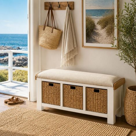 Banc d'entrée blanc coussin d'assise et paniers rangement VELIA (1/4)