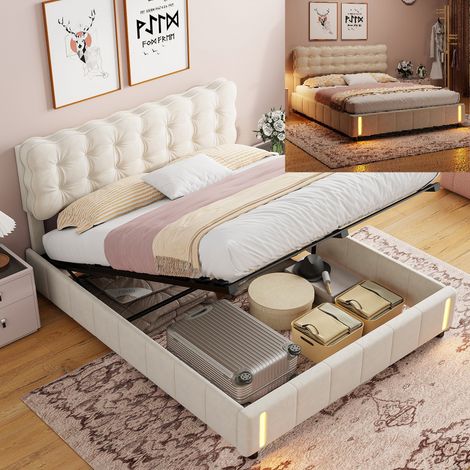 Letto contenitore 160x200cm - matrimoniale in tessuto velluto con rete a doghe, sensore di luce calda all'estremità - beige (1/5)