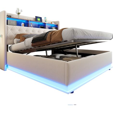 Letto contenitore 180x200 cm beige in tessuto con LED, USB e sollevamento idraulico - CHICFURN (1/5)