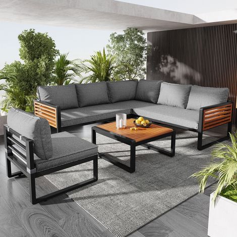 Salon de jardin modulable 5-6 places 2 canapés 2 places module angle siège simple table basse cadre acier galvanisé accoudoirs bois plateau bois gris