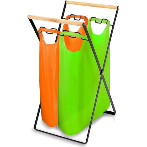 Porte-sac poubelle pliable noir avec poignée en bois – Support de sac poubelle en métal pour cuisine et extérieur (1/5)