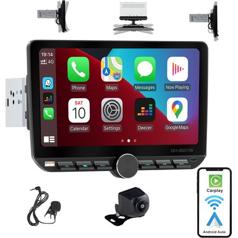Autoradio 1 DIN avec Rotatif écran Tactile(10.1") Compatible avec Wireless CarPlay/Android Auto Bluetooth Caméra de recul AM/FM RDS Radio USB-C (1/5)