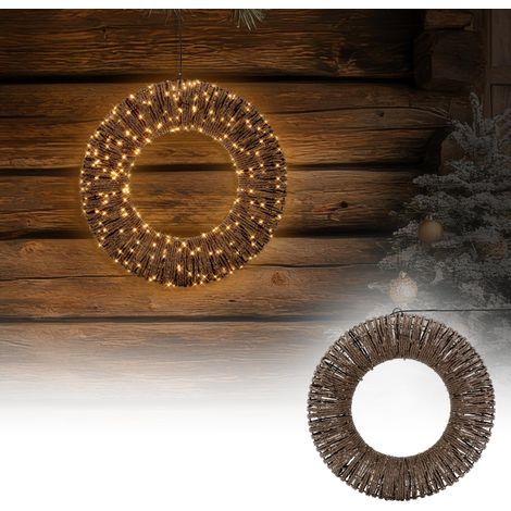 ECD Germany Corona de luces de navidad LED Ø38 cm guirnalda decorativa aro de metal envuelto en cuerda trenzada adorno colgante para ventanas y puertas 400 LEDs parpadeantes blanco cálido (1/5)