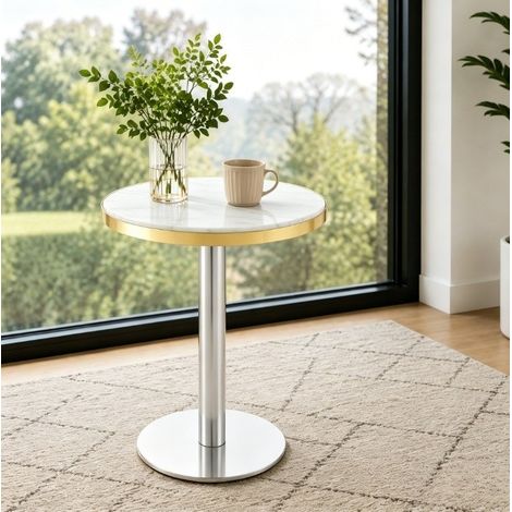MEUBLIV table d'appoint ronde 60 cm blanc – effet marbre, structure métal (1/5)