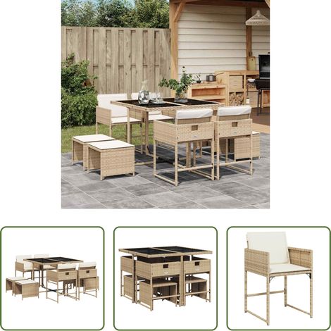 Gartentisch - 9-tlg. Garten-Essgruppe mit Kissen Beige Poly Rattan (1/5)