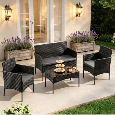 Schwarzes Rattan-Gartenmöbel-Set für 4 Personen mit Glastisch (1/5)