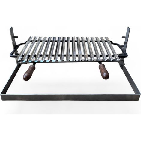 Griglia per Barbecue in Acciaio Inox, Sistema Scolagrassi, Manici in Legno, Base in Ferro Regolabile su 3 Altezze 70x45cm, Superficie di Cottura 54cm