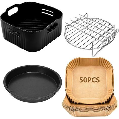 Accesorios para freidora de aire de 21 cm compatibles con Philips XL 6.2L, COSORI 5.5L 4.7L, Cecotec 5.5L 6L, 4 piezas de molde de silicona reutilizable para freidora de aire, bandeja para pizza, reji (1/5)