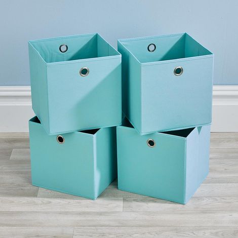 Folding Aqua Blue Square Storage Utility Box 4 Piece Fabric Cube Set Basket Bag (1/5)