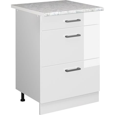 Mobiletto base per cucina R-Line, Bianco lucido, 60 cm con cassetti PL Marmo, Vicco