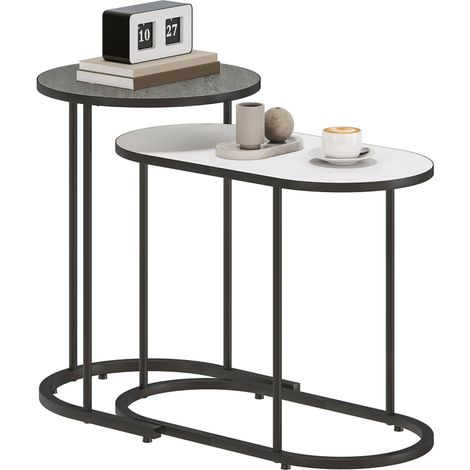 Ensemble de 2 tables basses gigognes empilables contemporaines en métal gris et blanc pour un intérieur élégant et moderne (1/5)
