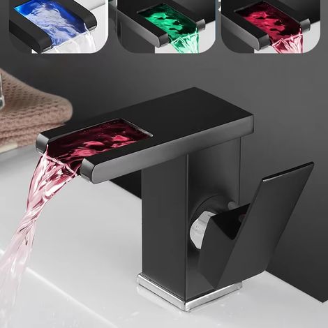 Robinet cascade LED – Noir/chrome – Hydroélectrique – Laiton massif – Montage pont – Lavabo/évier – Modèle court