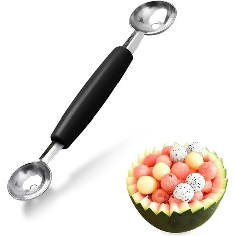 1 cuchara de acero inoxidable de doble cara para melón y frutas, cuchara para crema, ideal para helado y sandía - negra (1/5)