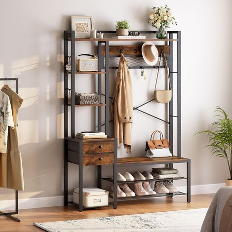 Garderobenständer mit Schuhbank, Schuhregal mit Garderobe, Eingangsmöbel mit Haken und Schubladen aus Vliesstoff, Garderobe mit Sitzbank, für Wohnzimmer, Flur, HOOBRO EBF73MT01
