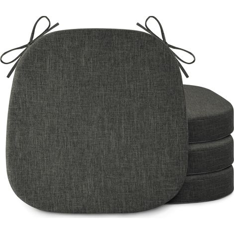 Lot de 4 coussins de chaise de cuisine antidérapants avec attaches, 41 x 41 x 5 cm, durables en forme de D, mousse haute densité, gris foncé (1/5)