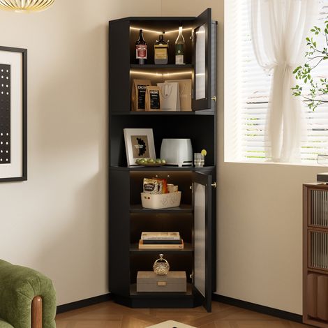 Mobile bagno angolare 45x45x166.5 cm nero in MDF con luce integrata e ripiani regolabili (1/5)