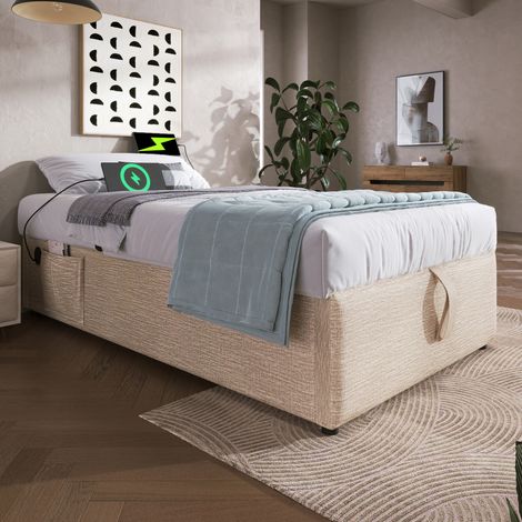Cama con espacio de almacenamiento de lino beige y natural 90x200 cm con USB/Type-C y base de madera maciza (1/5)