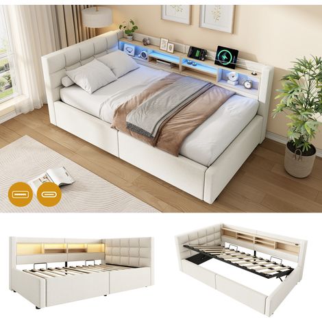 Lit de jour, canapé-lit, 90 x 200 cm, sans matelas, suspension hydraulique, avec bande LED à intensité variable, étagère pratique et port USB, beige, lit de jour convertible, qualité durable (1/5)