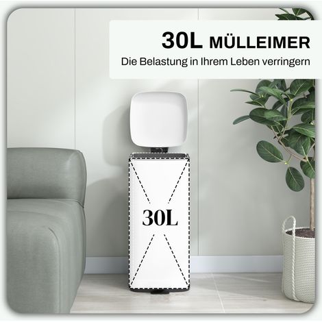 Poubelle 30 L avec couvercle à fermeture silencieuse, résistant aux traces de doigts, pédale, métal/plastique, 28 x 35 x 63,5 cm, blanc (1/4)