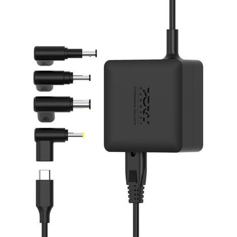 Alimentazione di rete Port Designs 65W GaN USB-C nera ad angolo retto cavo esteso