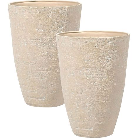 Beliani – Lot de 2 cache-pots en pierre beige – Forme ronde – Dimensions 51x51x71 cm – Résistants aux intempéries et UV – Prépercés pour drainage (1/5)