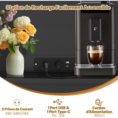 Meuble de cuisine noir en bois avec prises, ports USB-C et USB, étagères réglables et tiroir pour cuisine, salle à manger et salon (1/5)