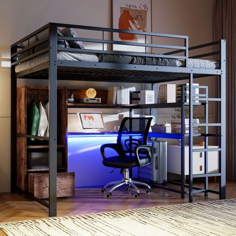 Letto rialzato 140x200 cm con LED, scrivania, cassetto, mensole, armadio aperto e scala, in metallo, nero, senza materasso (1/5)