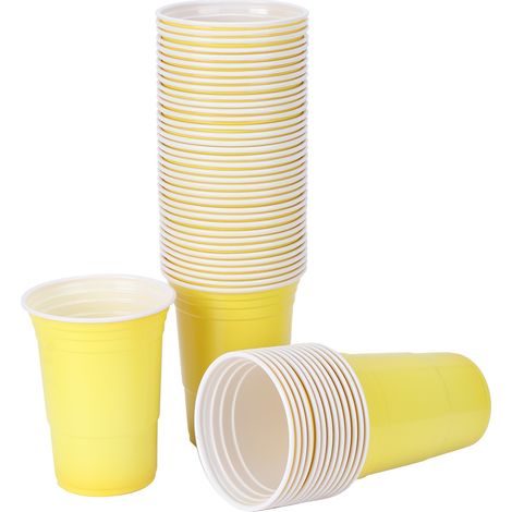 Lot de 50 gobelets jetables en plastique de 450 ml, jaunes, pour jeux et fêtes (idéal pour les bars et les soirées). (1/5)