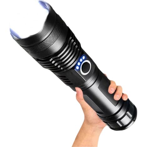 Lampe Torche LED - 12000000 Lumen - Zoom Réglable - Portée Jusqu'à 500 Mètres - USB-C Rechargeable - IPX5 - Pour Usage Tactique et Professionnel - 1 Pièce (1/5)