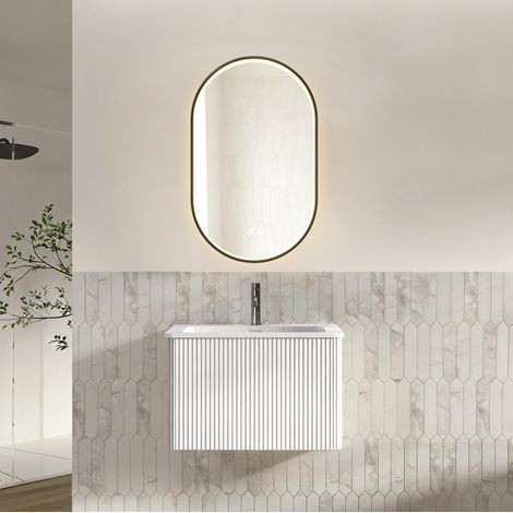 Mobile lavabo sospeso 61 cm bianco con specchio LED antiappannamento e lavabo integrato - CHICFURN (1/5)