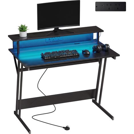 HOMCOM LED Gaming Desk with Power Outlets and Monitor Stand 100 x 60cm Black (1/5)