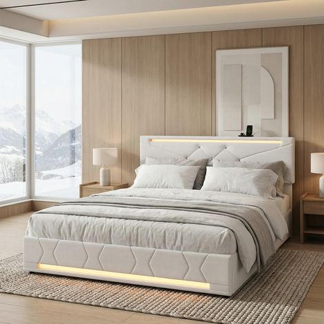 Letto contenitore 140x190, letto matrimoniale imbottito trapuntato con illuminazione LED e 2 porte USB e 1 Type-C, letto per adulti con testiera regolabile, lino, stile moderno, Beige