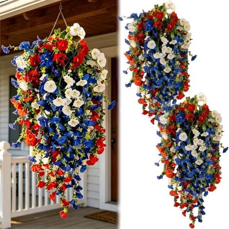 Set mit 2 künstlichen Blumen in den patriotischen Farben Rot, Weiß und Blau für die Außendekoration am 4. Juli (1/5)