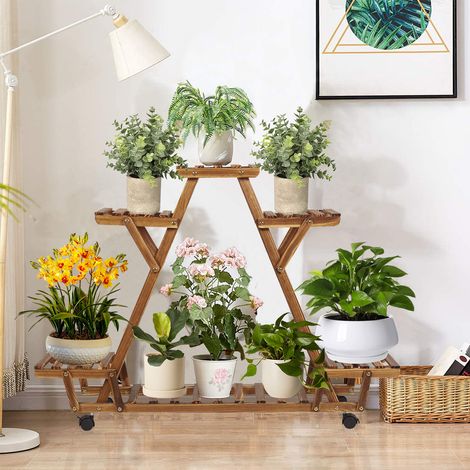 unho Blumenregal rollbar Blumentreppe mit 6 Ebenen Pflanzentreppe für Balkon Garten Holz
