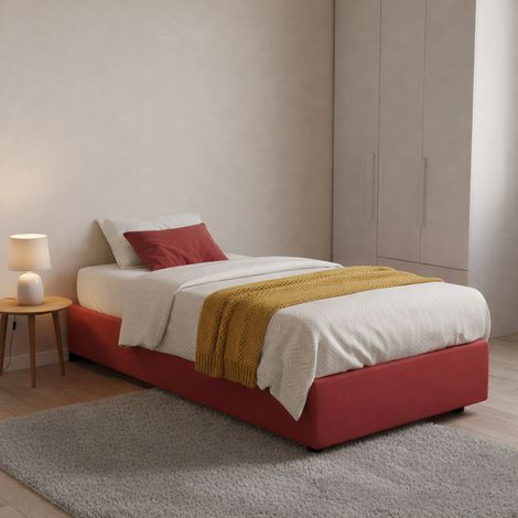 Dmora - Lit simple Dmaiell, Lit conteneur avec revêtement en tissu, 100% Made in Italy, Ouverture frontale, avec matelas 80x200 cm inclus, Rouge (1/5)