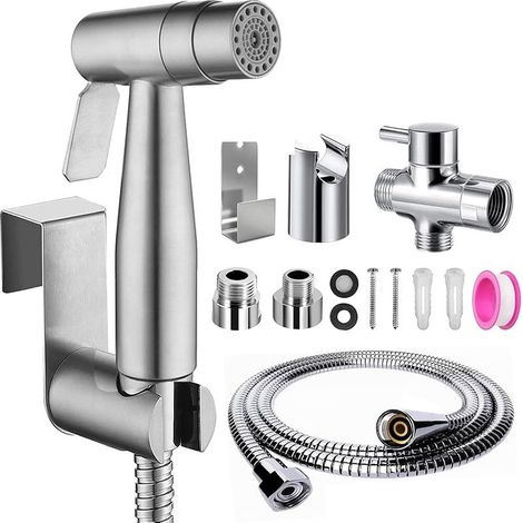 Ensemble de douchette de bidet, double fonction, en acier inoxydable brossé, avec valve en T G1/2" et adaptateur G3/8", pour douche, salle de bain, hygiène, nettoyage des couches (1/5)