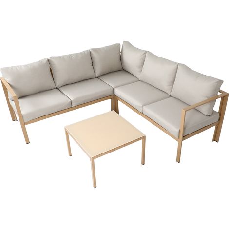 Svita – Salon de jardin 4 pièces – Ensemble canapé extérieur en acier galvanisé beige – Coussins confort 10 cm – Table basse avec plateau en verre trempé