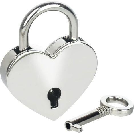 Cadenas décoratif vintage avec clé en forme de cœur, 3,9 x 3 x 0,7 cm, argenté