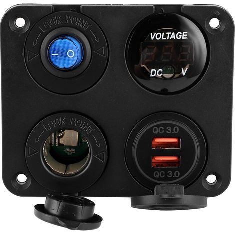 Panneau 4 trous étanche 12V-24V avec double prise USB QC3.0, voltmètre et sortie d'alimentation pour bateau, voiture, camping-car, camion (1/5)