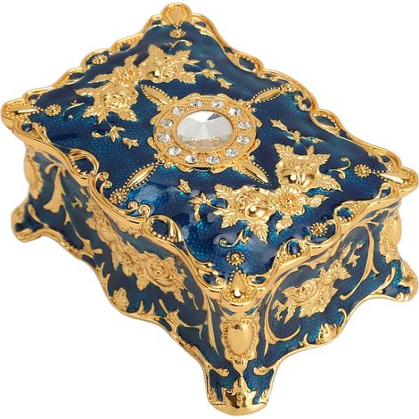 Coffret à Bijoux Vintage Européen Antique Boîte Métal Émail Bleu Or Organiseur Bagues Colliers Boucles d'Oreilles Mini (1/5)
