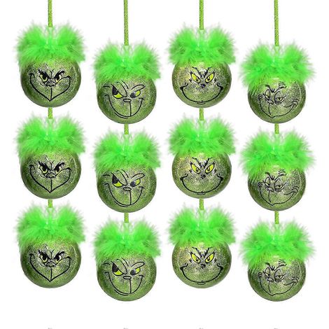 Lot de 12 boules de Noël Grinch à suspendre au sapin - Décorations de Noël avec un lutin vert aux cheveux duveteux (12 pièces) (1/5)