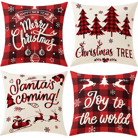 Fundas de cojín navideñas a cuadros, 45x45 cm, estampado vichy, juego de 4, rojo y negro, estilo rústico, para sofá, cama o sillón. (1/5)