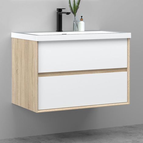 Meuble salle de bain suspendu 80 cm Blanc et Chêne, 2 tiroirs + vasque inclus (1/5)