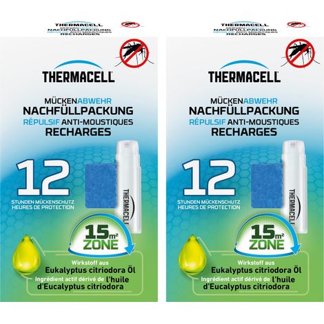 THERMACELL 2 Recharges Répulsives Anti Moustiques & Moustiques Tigres - Protection Efficace 15m²- Compatible avec Diffuseurs, Nomades et Lanternes - Durée 24h - 2 Cartouche Gaz + 6 plaquettes