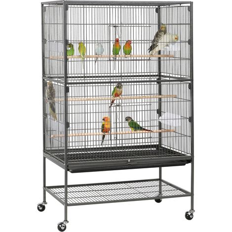Yaheetech – Volière cage oiseaux 2 étages sur roulettes – Métal martelé imperméable – Dimensions 79 x 52 x 132 cm – Accessoires inclus : mangeoirs, perchoirs (1/5)