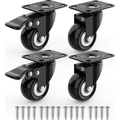 Lenkrollen für Möbel, 2 mit Bremsen + Schrauben – 50 mm, bis 100 kg – abriebfeste Rollen für schwere Lasten – Gummiräder für Transportwagen – Schwarz (1/5)
